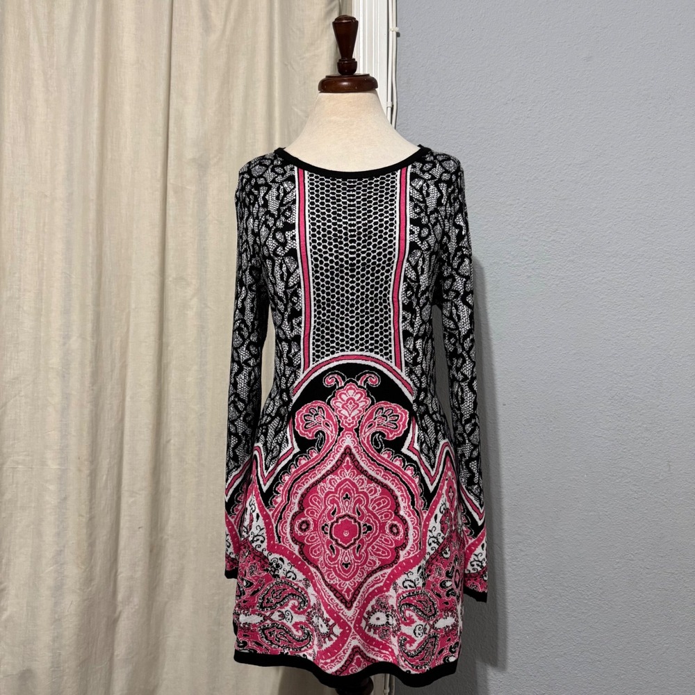 Style & Co Black Pink Paisley Print Long Sleeve Knit‎ Stretchy Dress Boho Size L